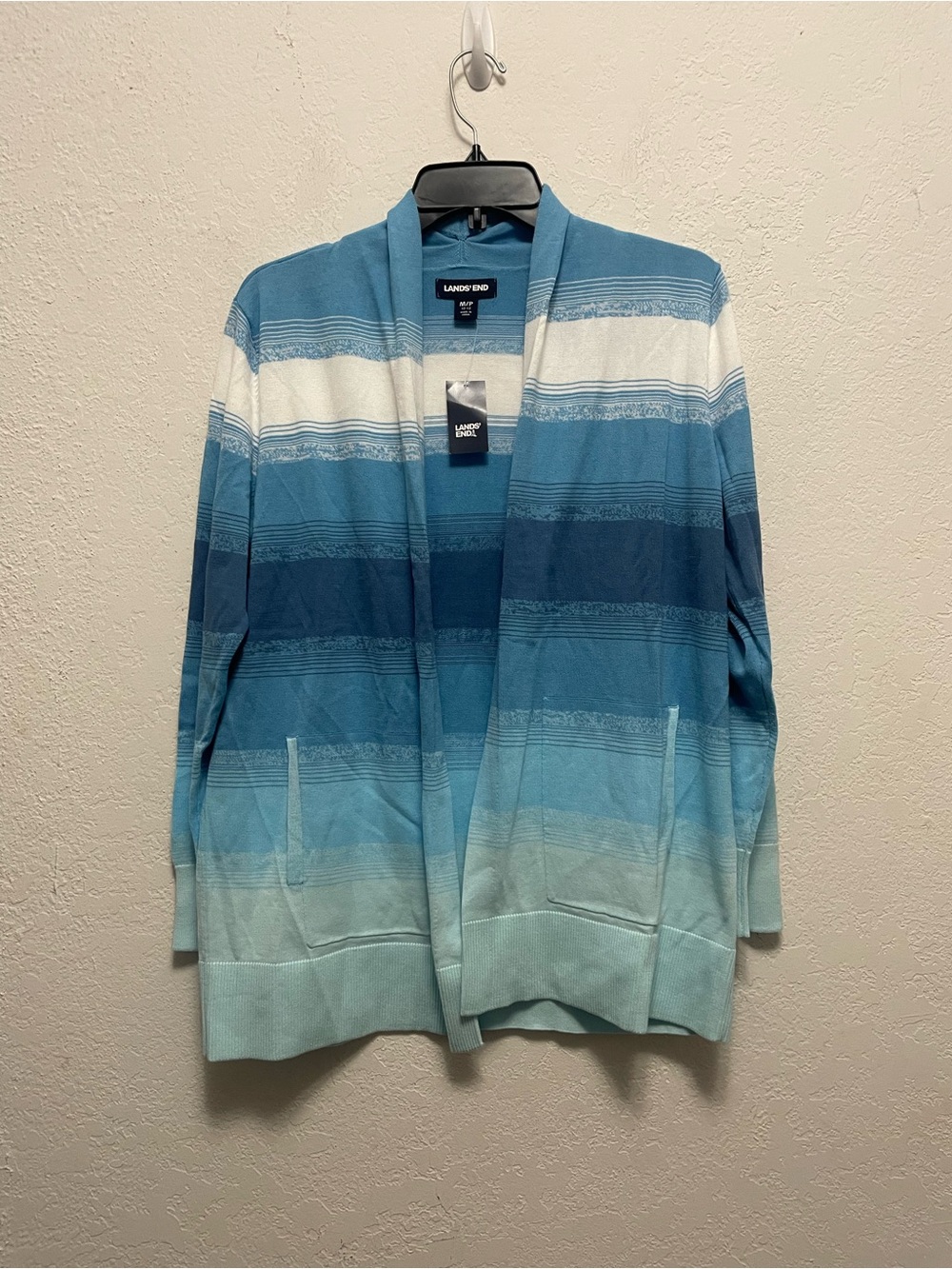 Lands End Sweater Open Cardigan Womens Sz MP Blue White Striped Cotton Knit NEW